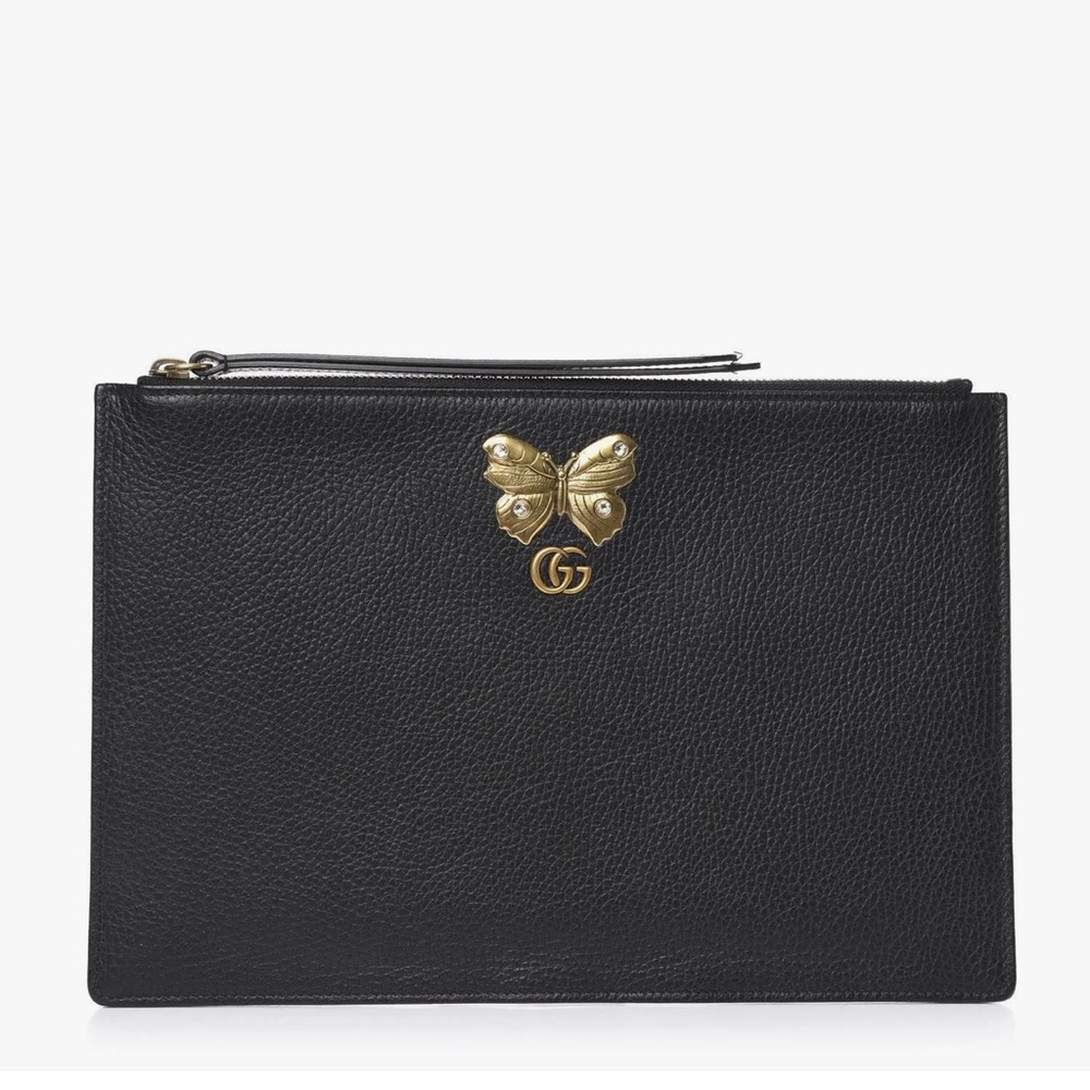 Gucci Pebbled Calfskin Butterfly Clutch in Black
